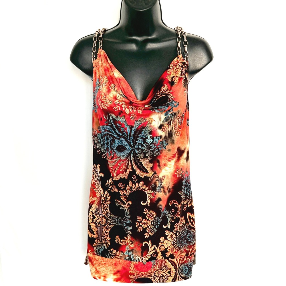 Dots Vintage Tank Top Chain Strap Cowl Neck Paisley Print Medium Orange Black